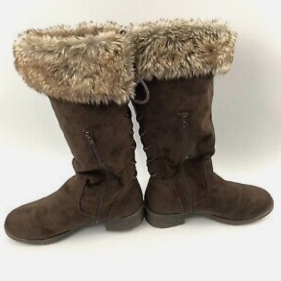 New Mossimo Women's Adjustable Lace Calf Boots Brown Faux Suede Fur Trim Size 8 - Picture 5 of 7